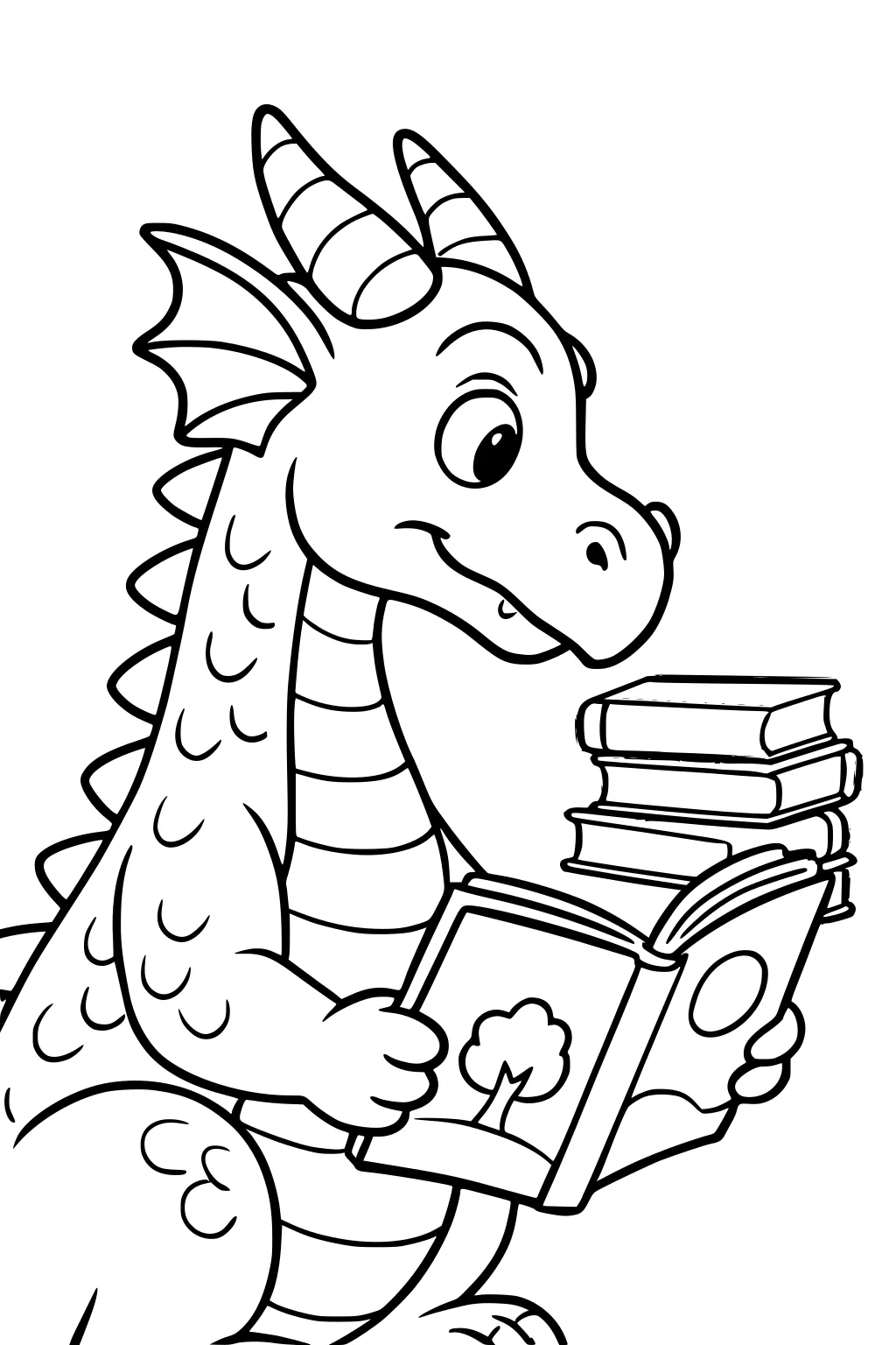 Smiling cartoon dragon with horns and striped belly reads an open book; stack of books at side; scales and small frills.