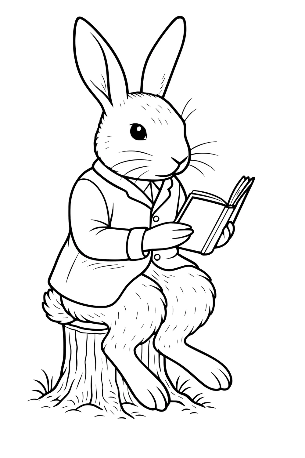 Hare in a jacket sitting on a stump and reading a book.