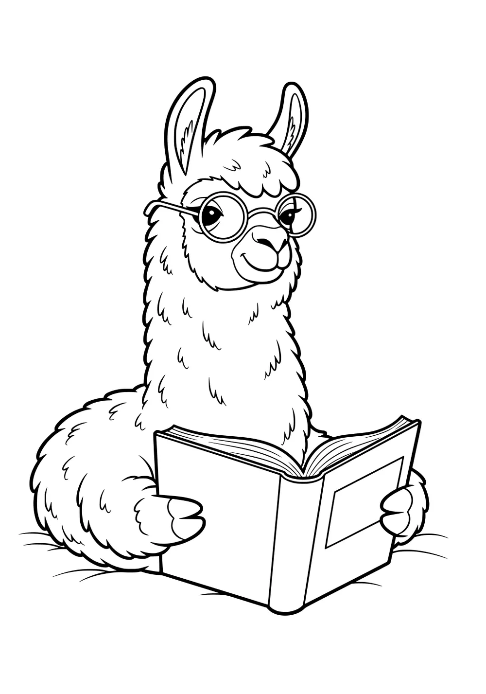 Fluffy llama wearing round glasses and holding an open book between her front hooves.