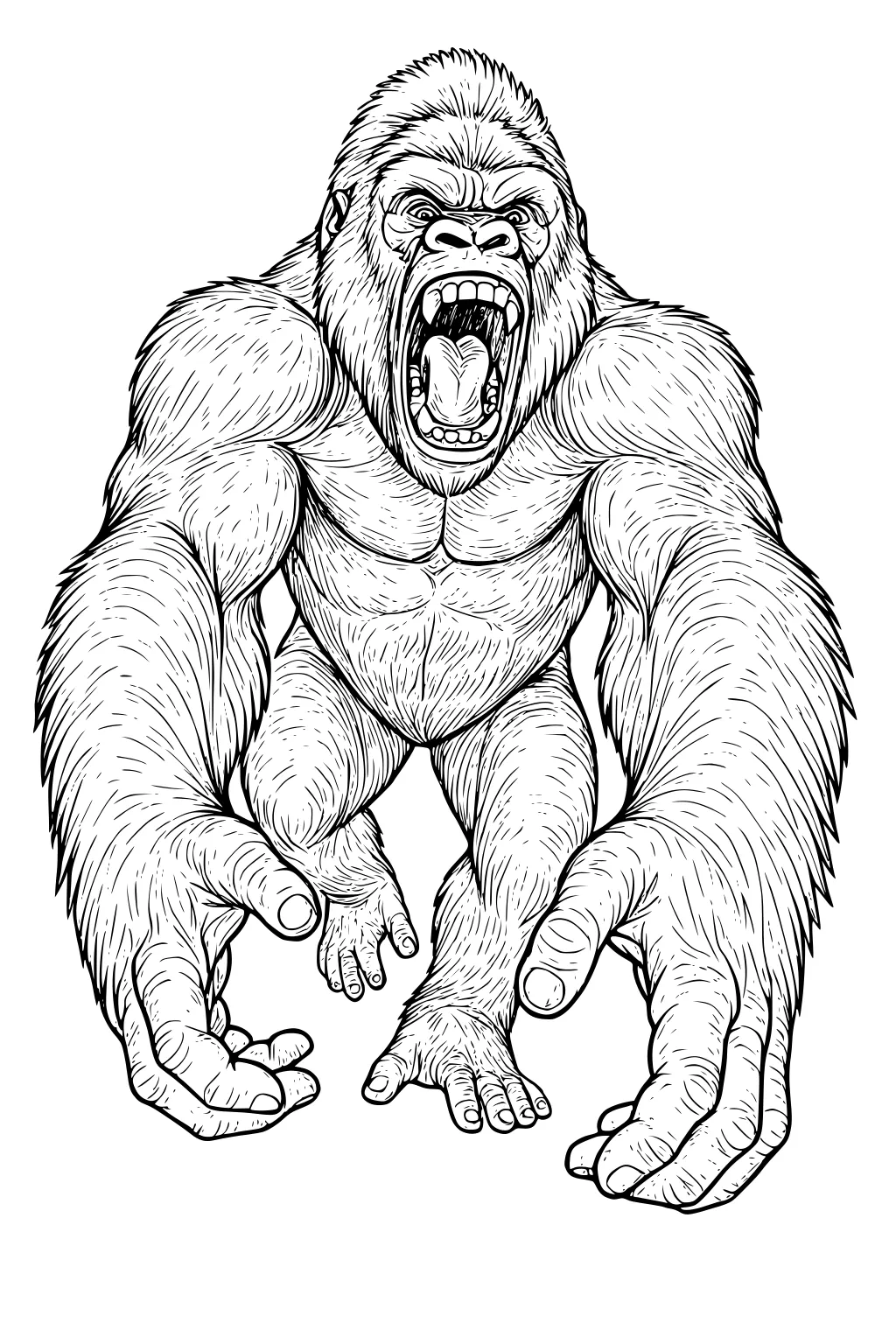 Large gorilla baring its teeth, arms outstretched and fingers spread, with detailed fur and visible muscles.