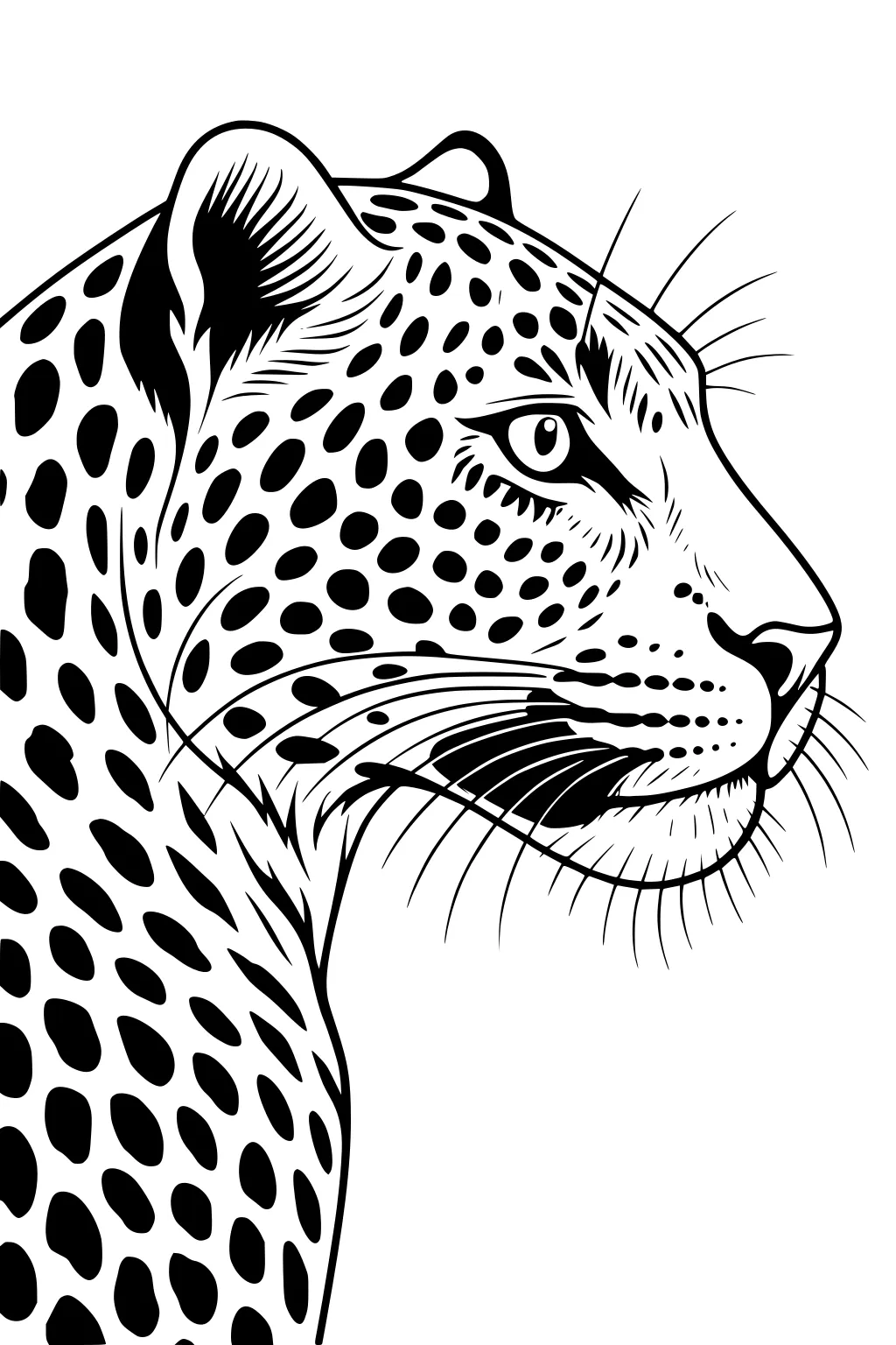 Leopard head in profile with detailed spots, alert eye, rounded ear, and long whiskers.
