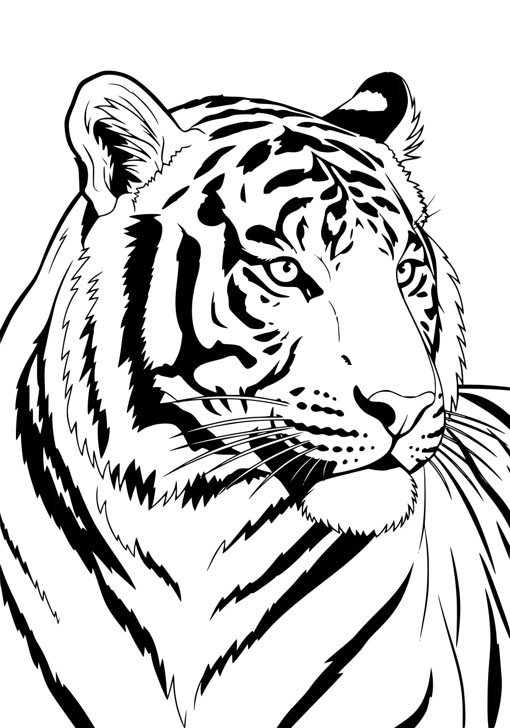 Head of a tiger with detailed black stripes, fluffy cheeks, tall ears, and wide eyes facing to the left.