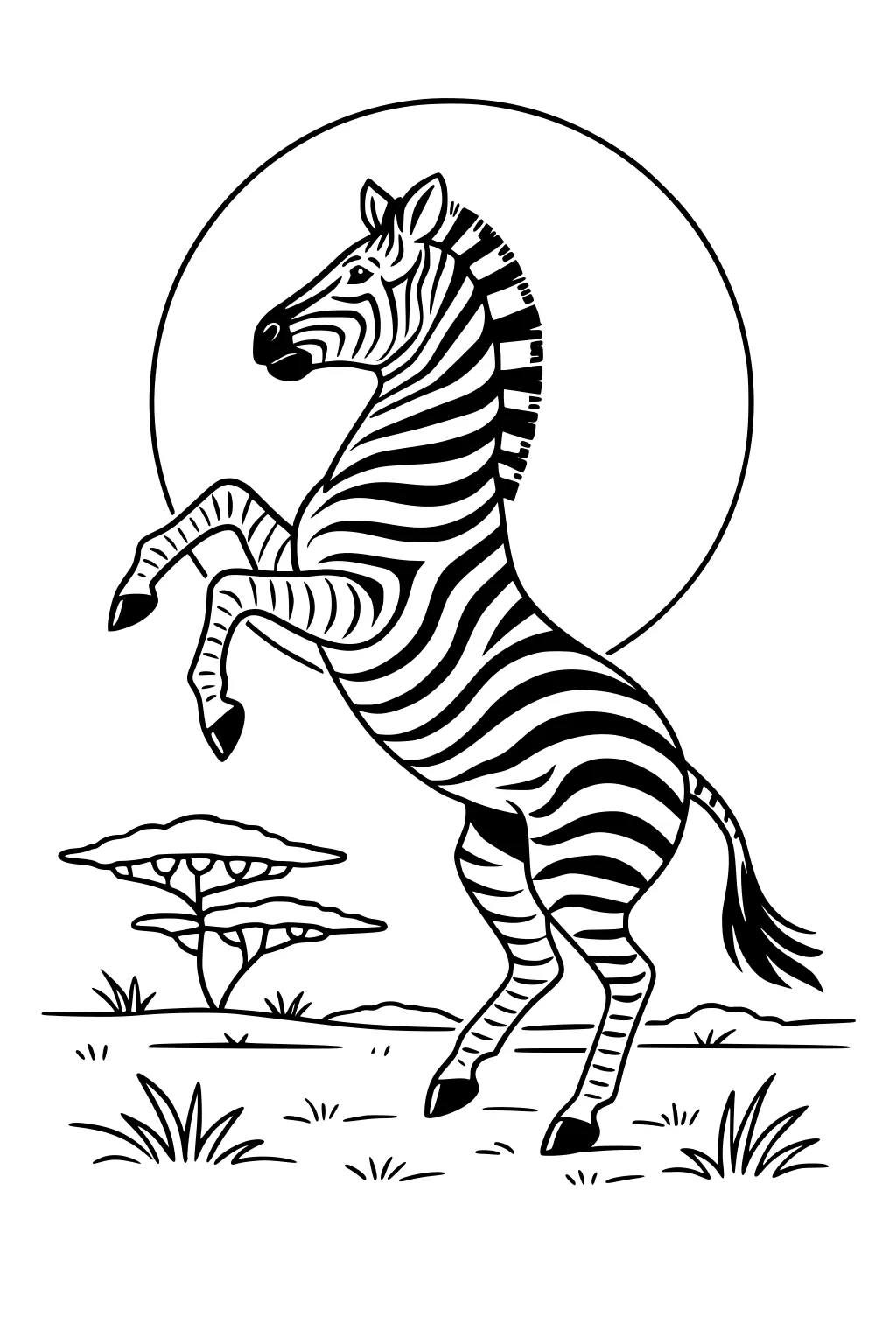Rearing zebra with bold stripes in front of a round sun, acacia trees and grass tufts on an African savanna scene.
