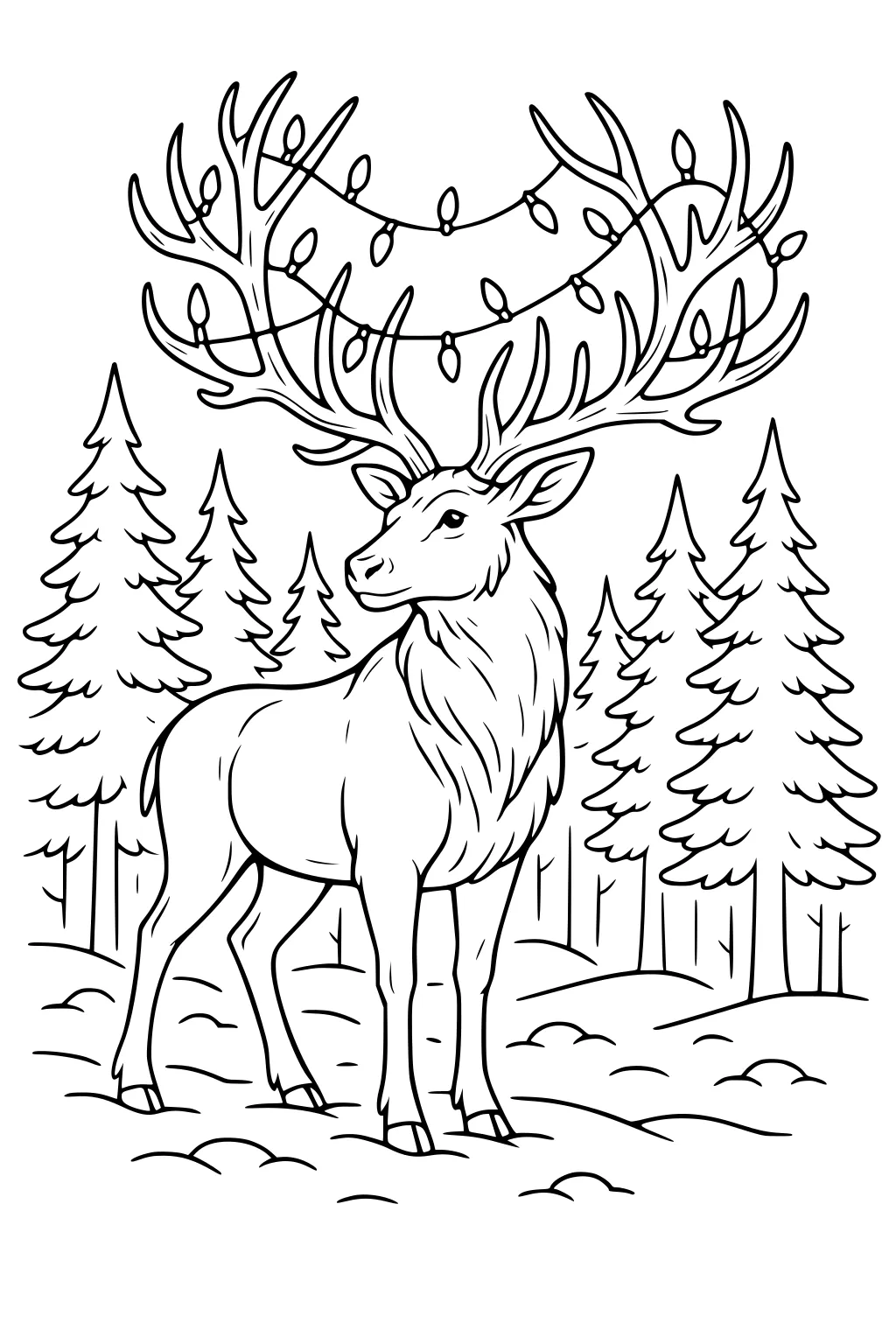 Reindeer with large antlers draped in Christmas string lights, standing on snowy ground among tall pine trees.