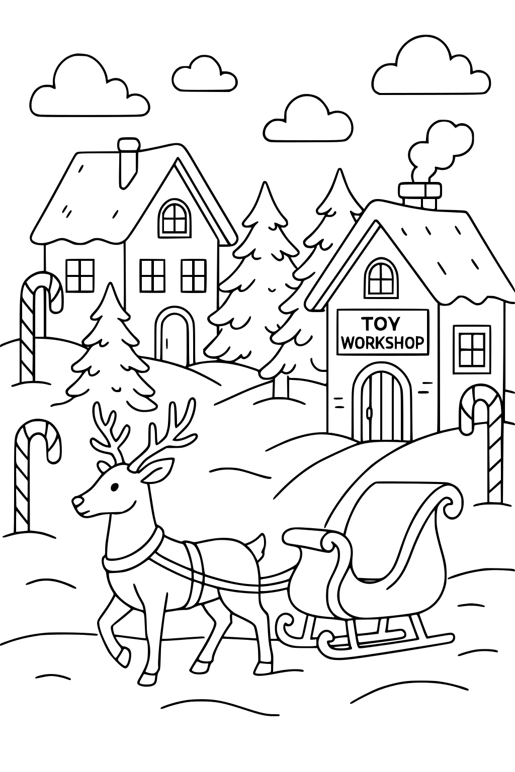Reindeer pulling a sleigh in snow with candy canes, pine trees, toy workshop and cottage, winter scene outlines.