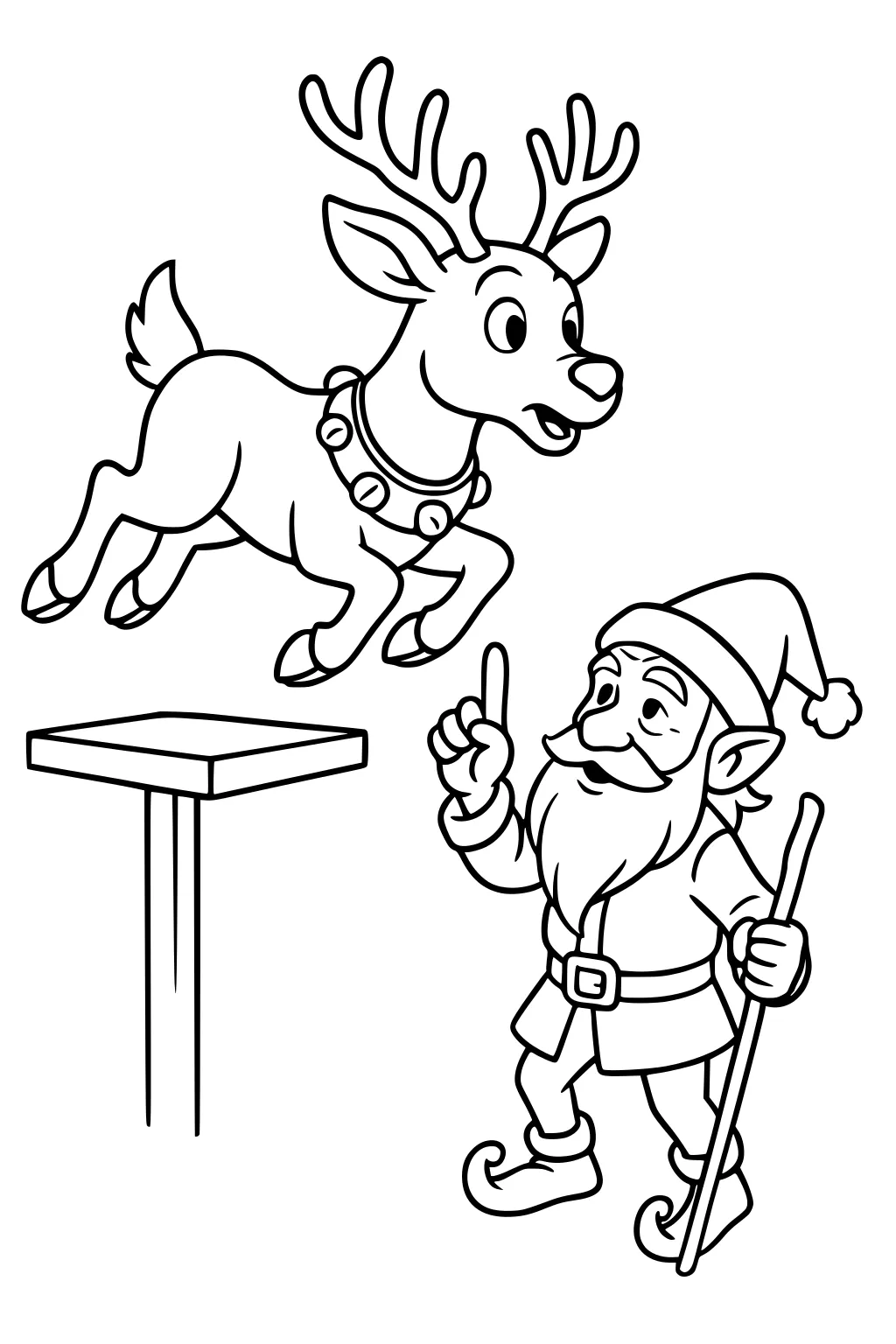 Bearded Christmas elf points with a staff as a reindeer with a bell collar leaps toward a small platform; bold outline art.