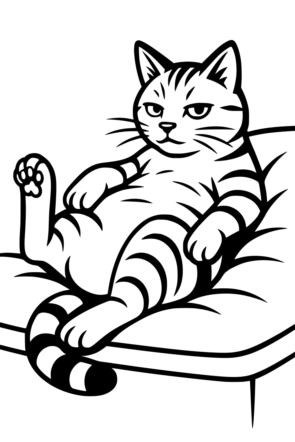 Tabby cat with stripes lying on couch on its back, one front paw and back paw up, looking relaxed and slightly grumpy.