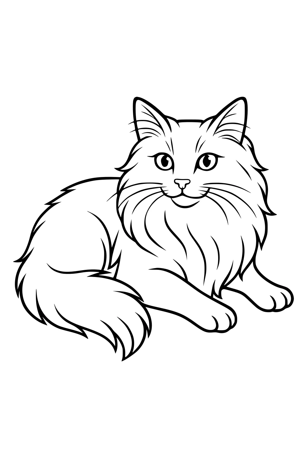 Line drawing of a long-haired domestic cat lying down with fluffy chest, big eyes, and a bushy tail curled around her body.