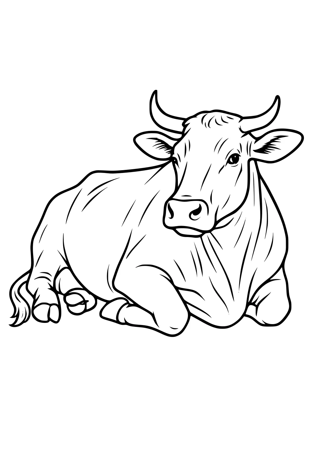 Line drawing of a cow lying down with horns, large ears, and its legs tucked beneath its body.