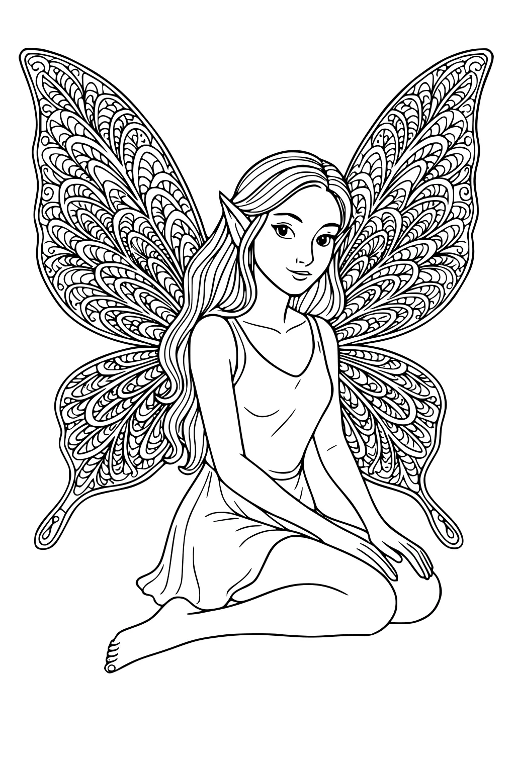 Fairy girl sitting with long hair, pointed ears, simple dress, and large patterned wings; black and white line art.