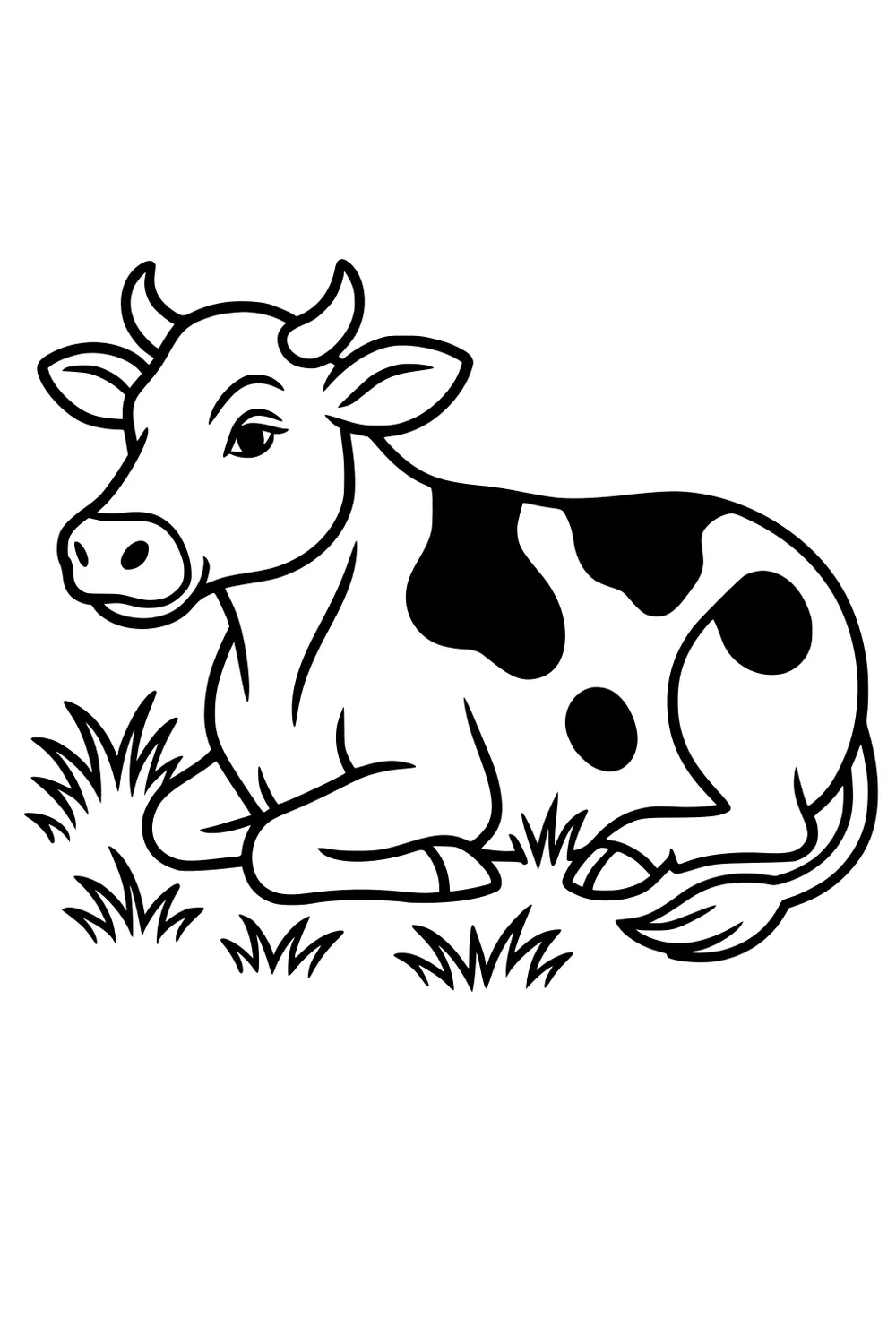 Cartoon cow with spots lying in grass, head turned, tail curled, outlined in black.