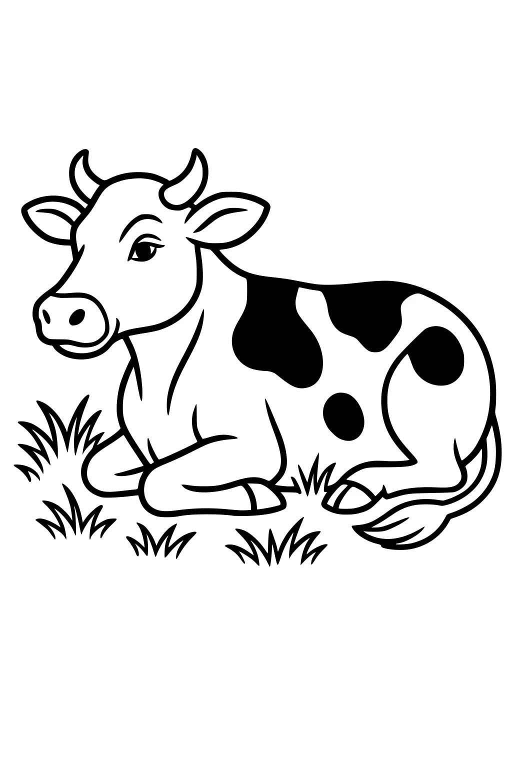 Cartoon cow with spots lying in grass, head turned, tail curled, outlined in black.