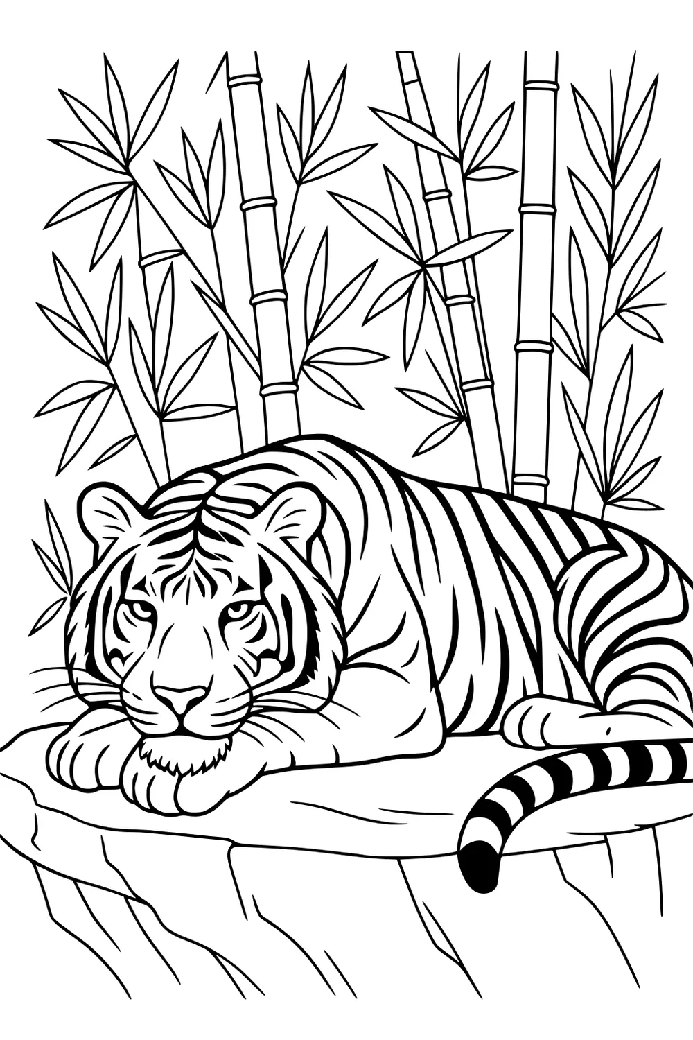 Tiger with stripes lying on a rock under tall bamboo stalks, looking forward with relaxed paws and a curled tail.