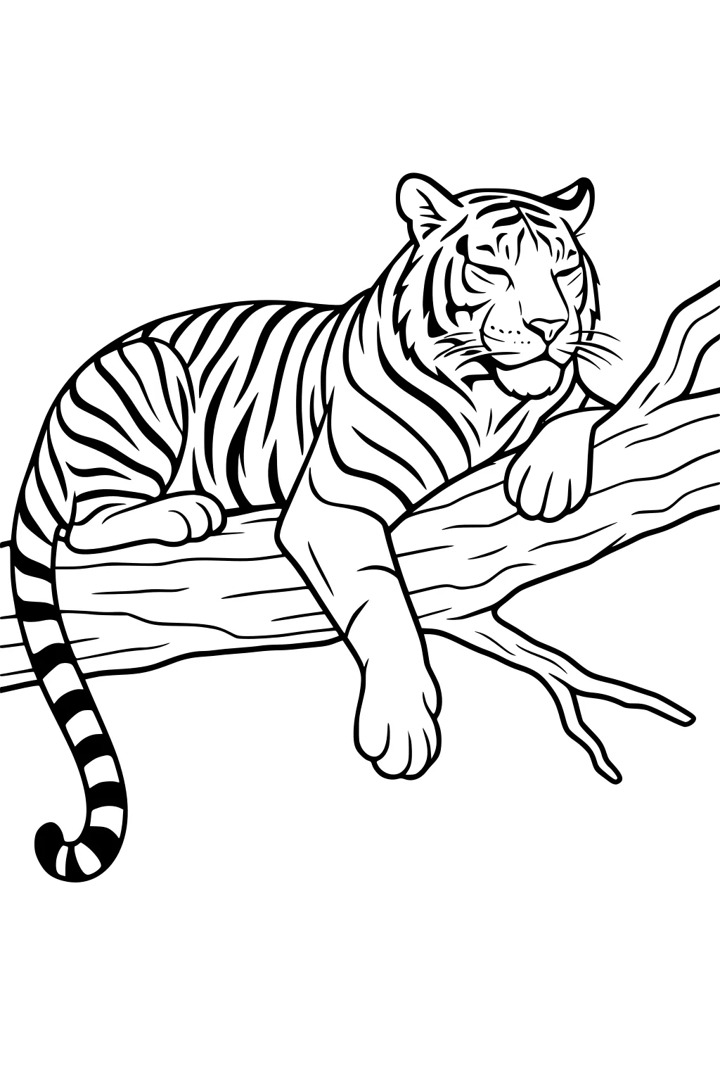 Tiger lying on a tree branch with striped fur, relaxed paws, and tail hanging down.