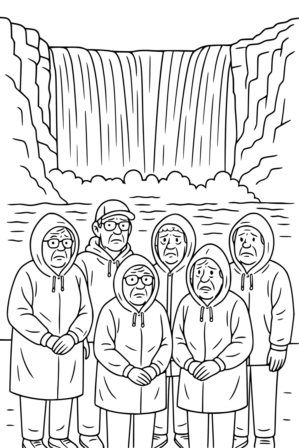 Six seniors in hooded coats stand before a tall waterfall, rocky cliffs on both sides, with rippling water and mist.