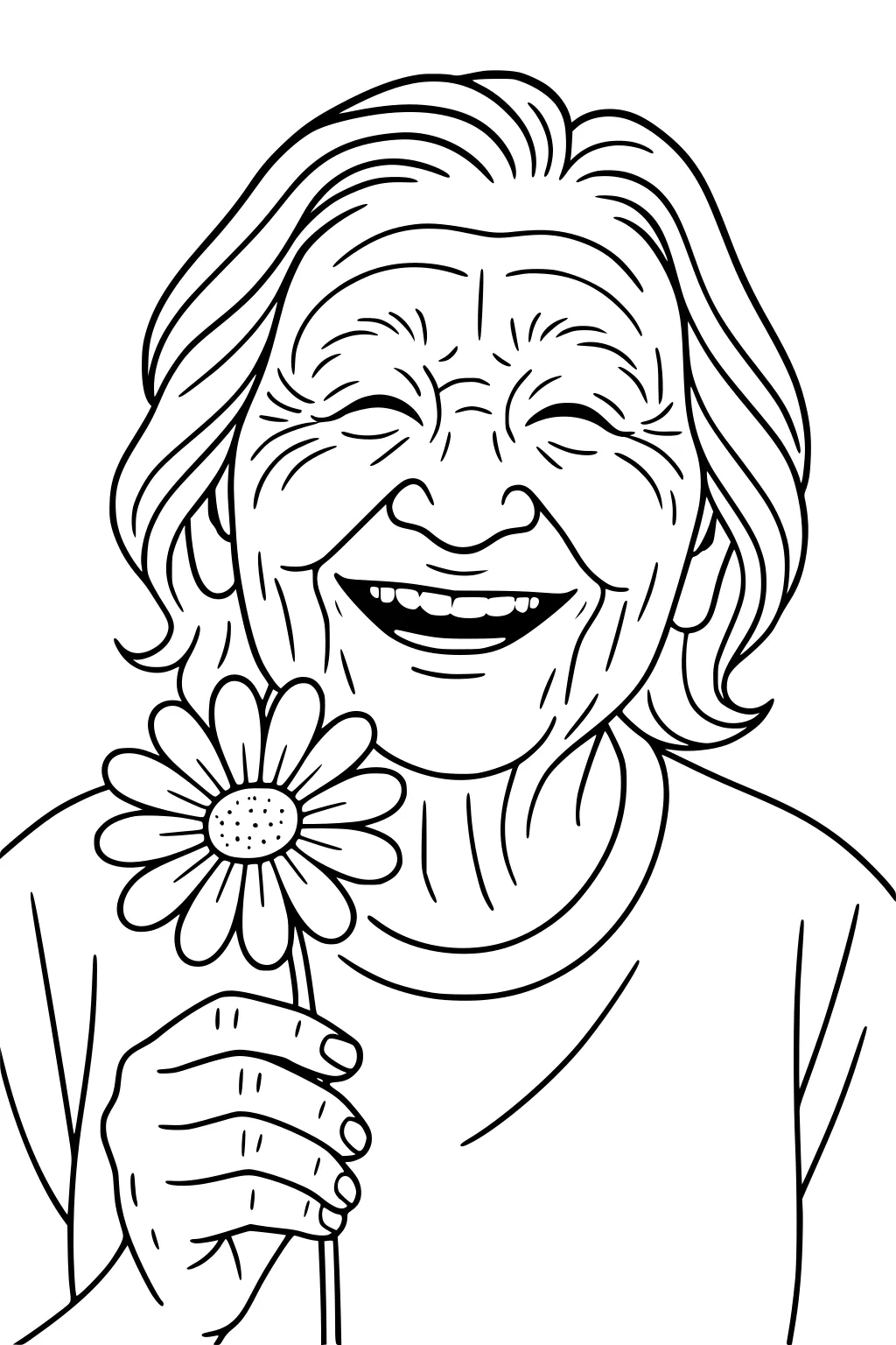 Smiling elderly woman with short wavy hair holds a daisy; eyes crinkled, wide grin, plain T-shirt; simple portrait line art.