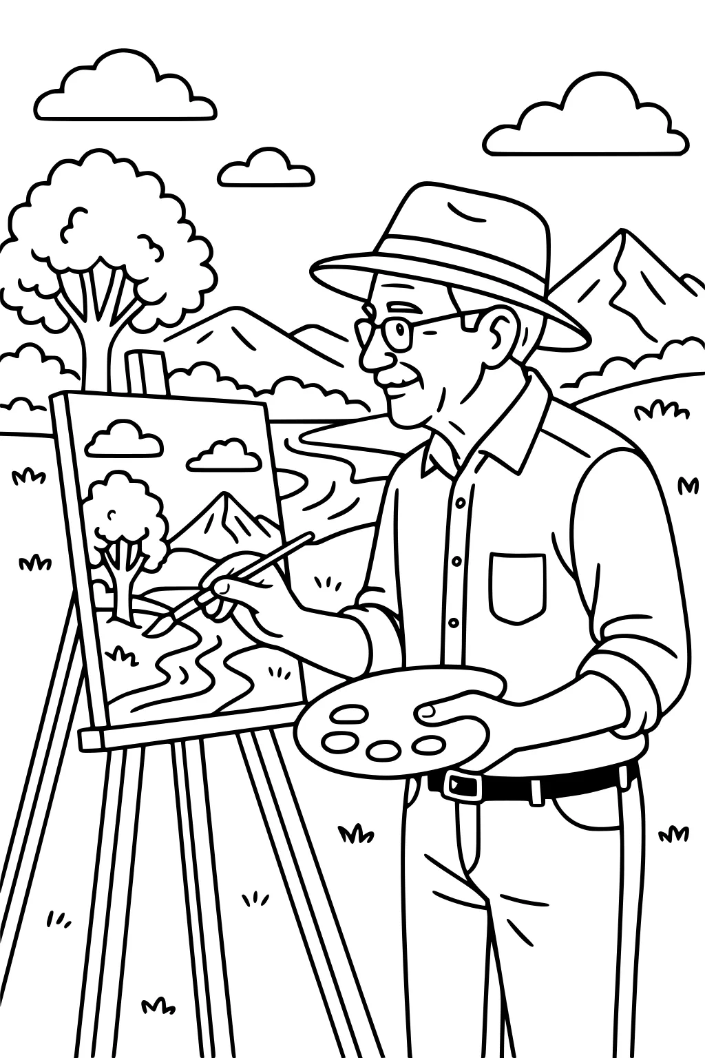 Retired man in hat paints a mountain landscape at an easel outdoors with palette, tree, river, and clouds.