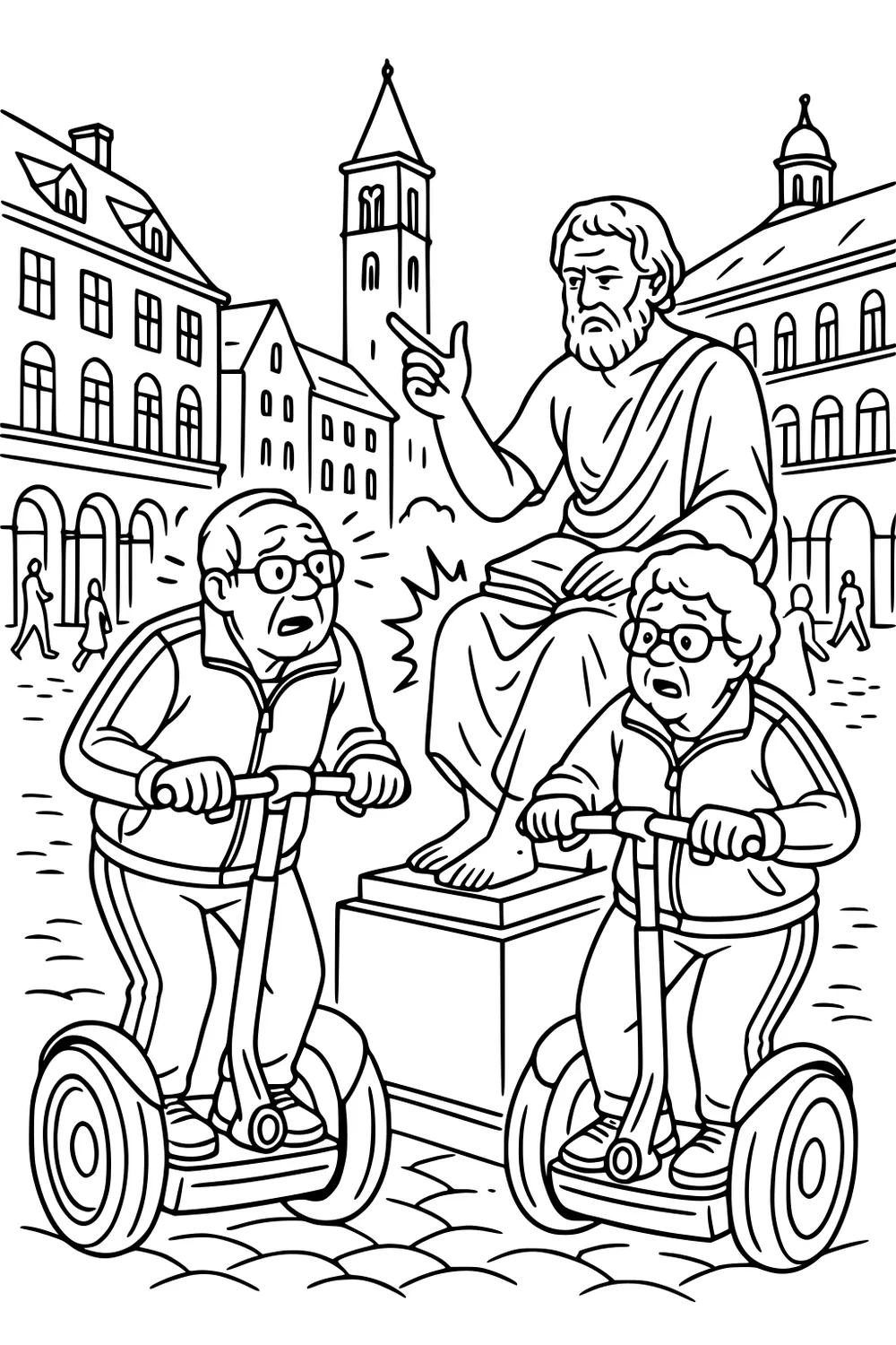Older man and woman ride scooters past a pointing statue in a cobblestone square with arched buildings and a tall tower.