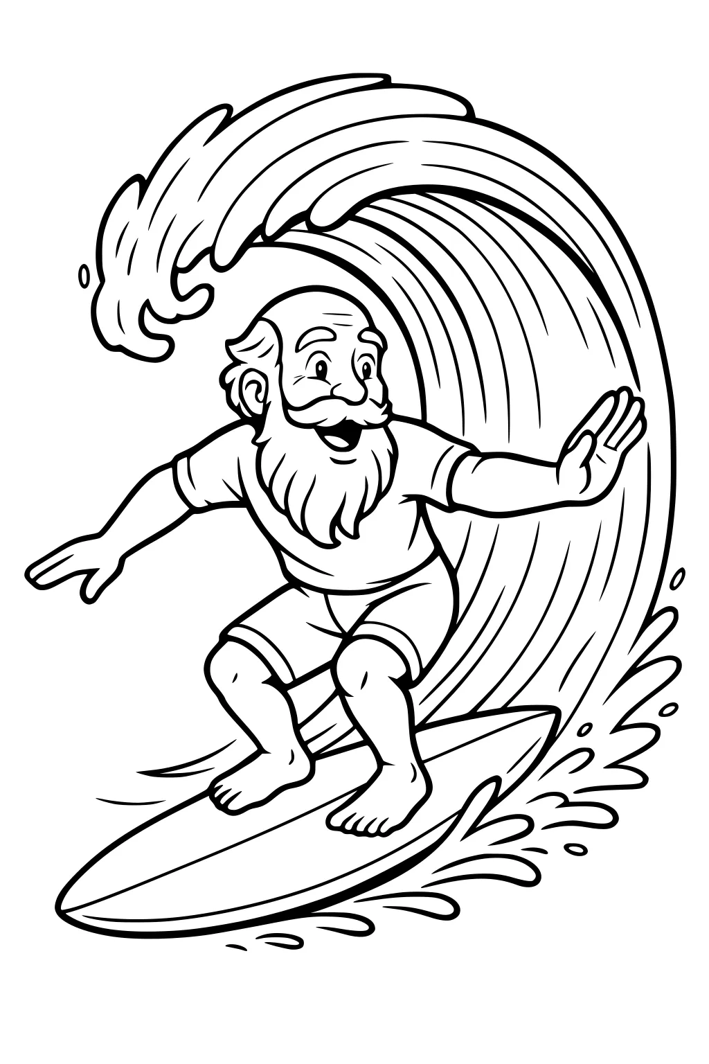 Bearded grandpa surfs inside a curling wave, one arm out, wearing a T-shirt and shorts on a longboard with splashes.
