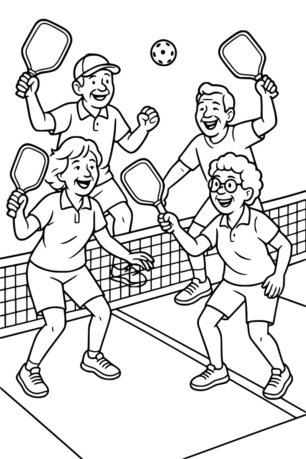 Four retirees play pickleball, paddles up as a perforated ball crosses the net; smiles, polos, shorts, sneakers, lined court.