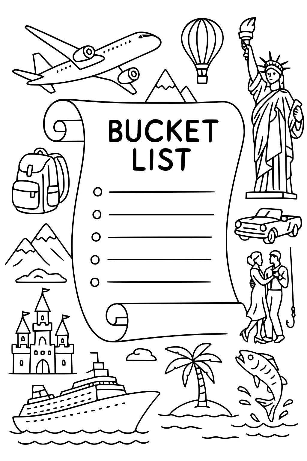 Bucket list scroll with plane, balloon, Liberty statue, cruise ship, castle, mountains, palm tree, fish, and dancing couple.