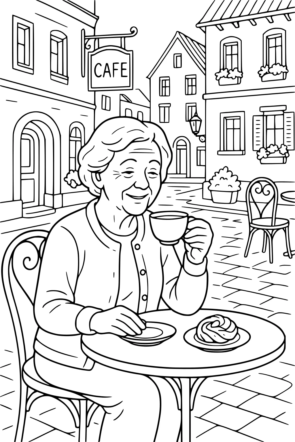 Elderly woman sipping tea at a sidewalk cafe with a pastry; cobblestone street, cafe sign, flower boxes, and buildings.