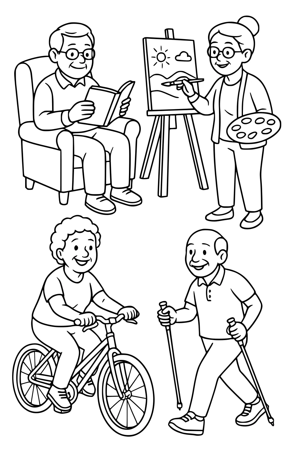 Four smiling seniors: man reading in an armchair, woman painting at an easel, woman bicycling, and man walking with trekking poles.
