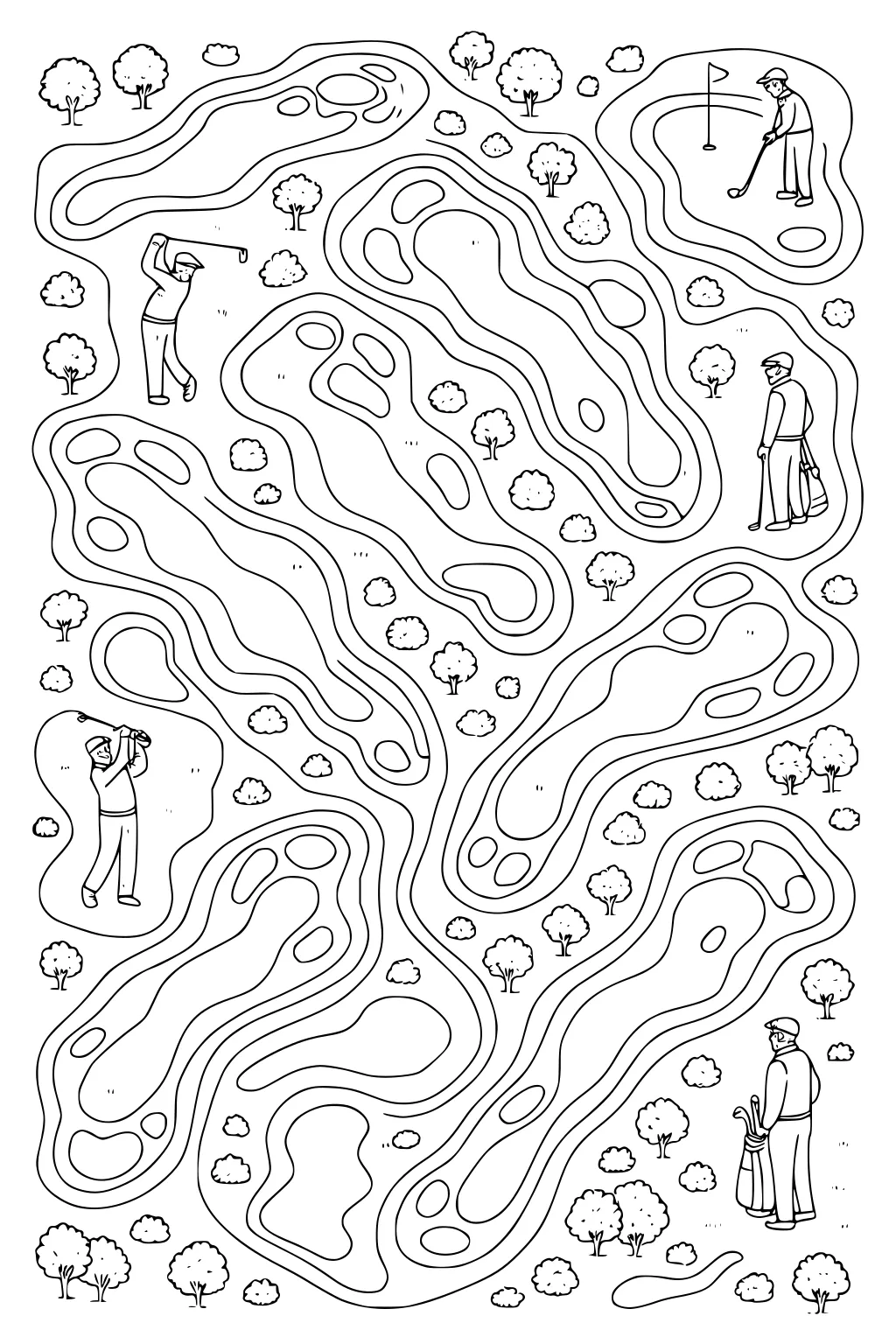Line art of senior men golfing on a winding course with trees, bushes, sand, water shapes, and a flag on the putting green.