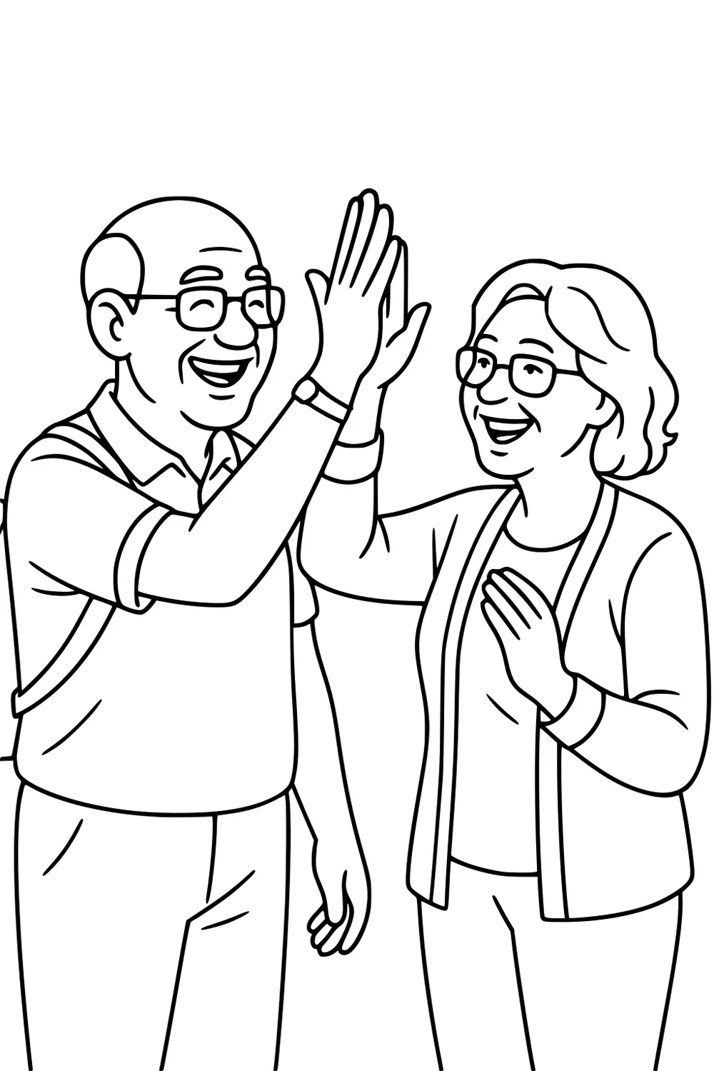 Smiling retired man and woman high-five. Both wear glasses; he has a polo and watch, she wears a cardigan and wavy hair.