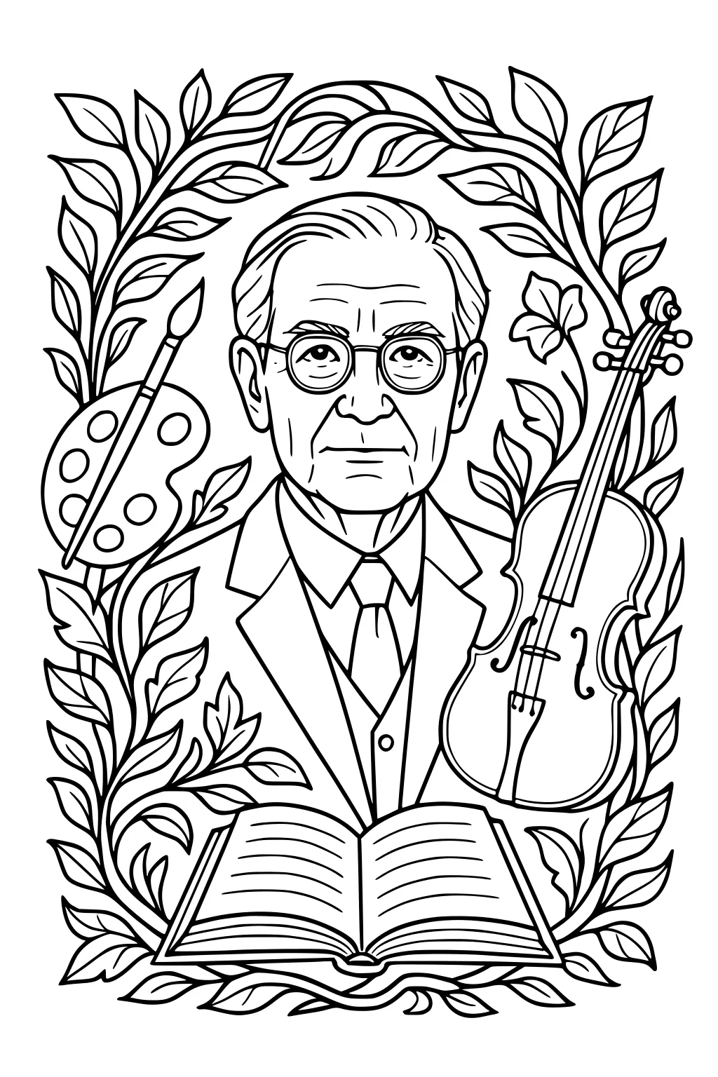 Older man in suit and glasses framed by leafy vines, with paint palette and brush, a violin, and an open book at the bottom.