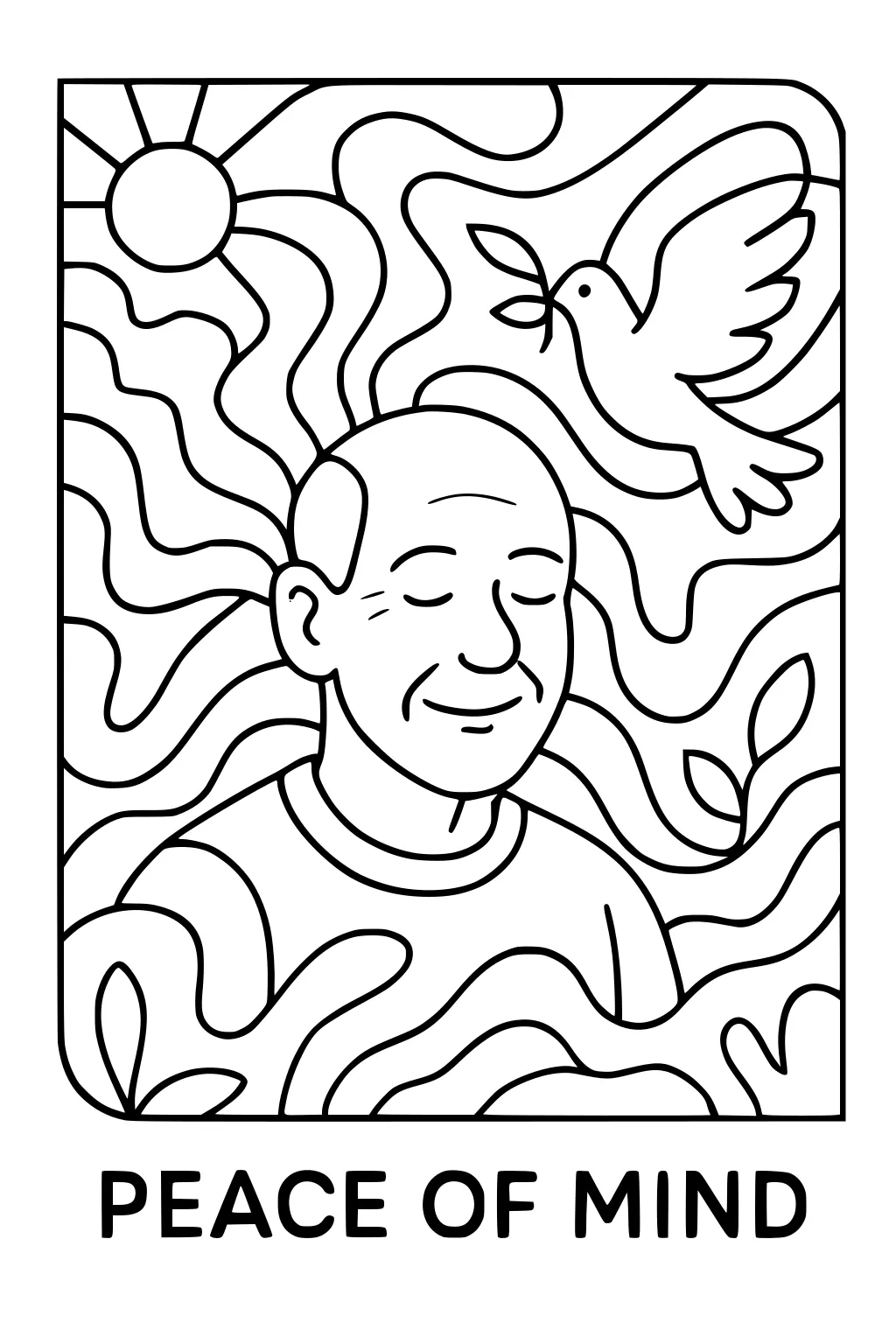 Smiling older man with eyes closed beneath a sun and a dove with an olive branch, surrounded by wavy lines and leaves.