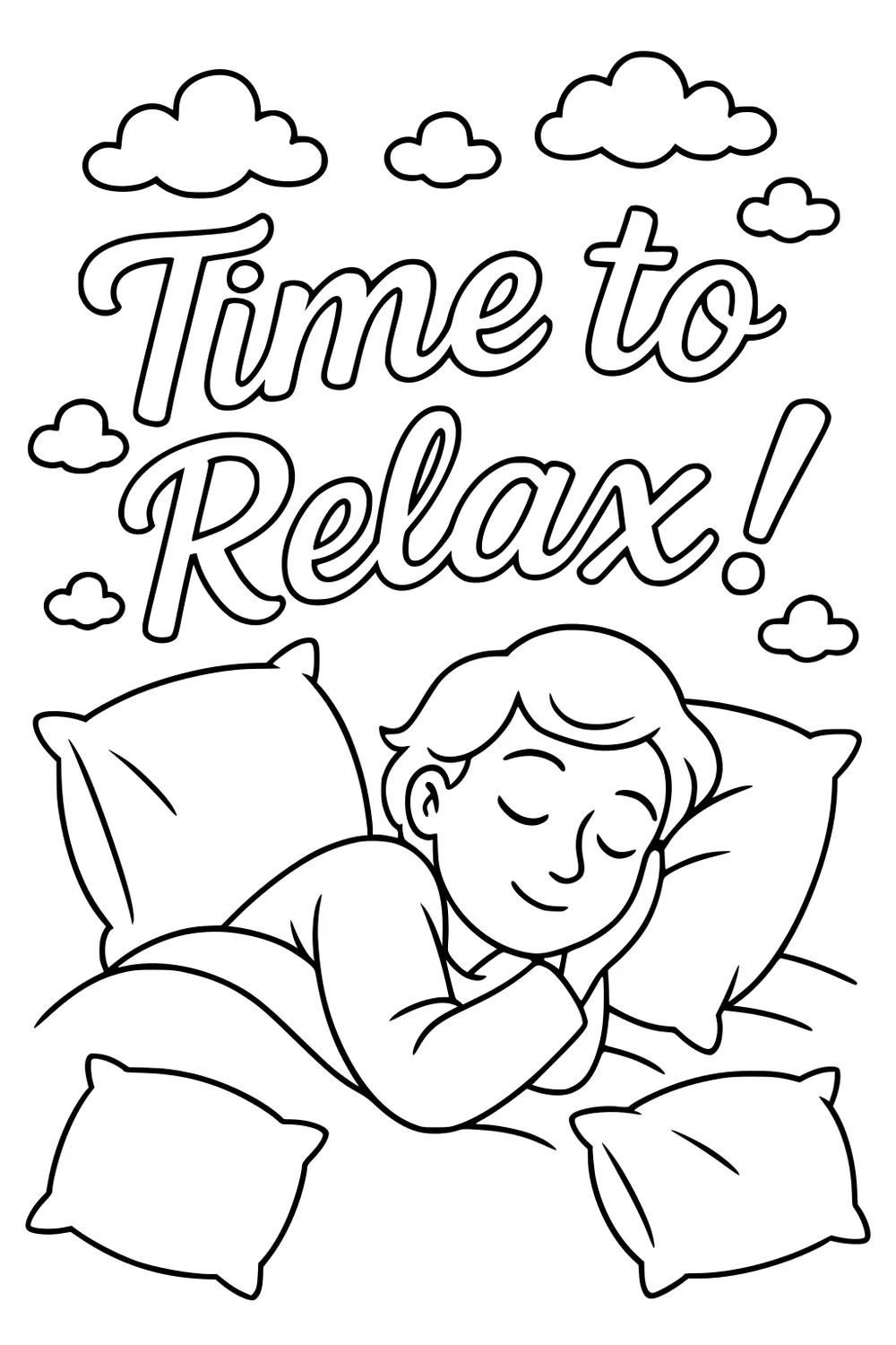 Boy sleeping on stacked pillows beneath the words Time to Relax, with small fluffy clouds around the lettering.