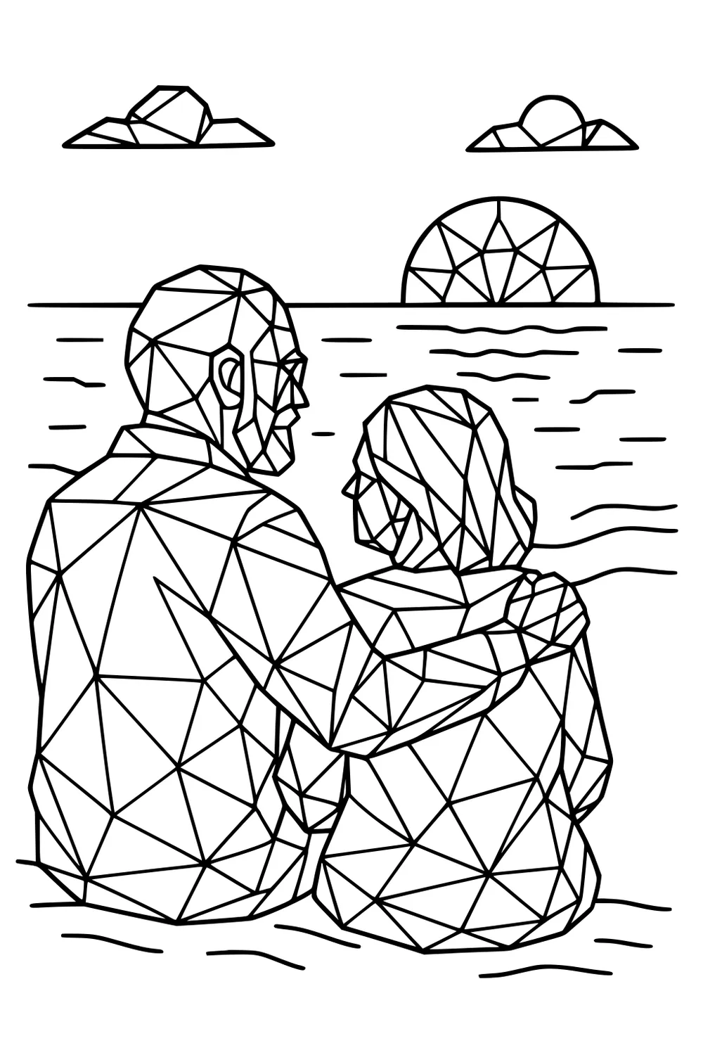Geometric line art of an older man hugging an older woman on a beach, watching an ocean sunset with two clouds and waves.