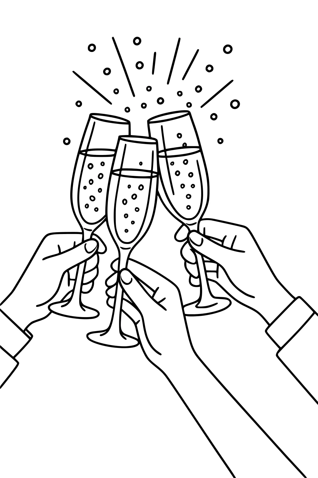 Three hands clink tall champagne flutes; bubbles rise inside and confetti-like lines burst above to show a retirement toast.