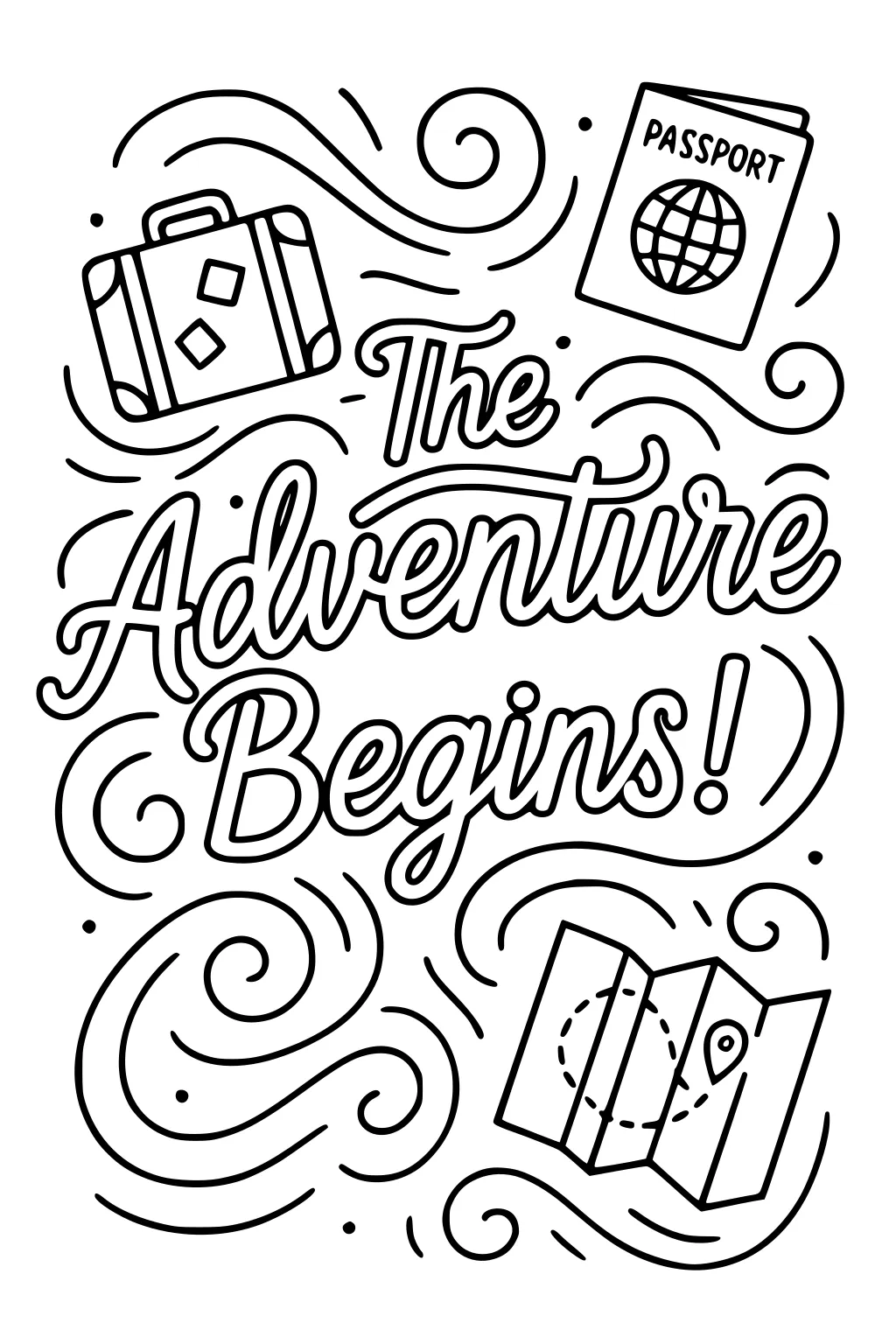 The Adventure Begins text with suitcase, passport, folded map, and swirling lines, travel icons for a retirement theme.