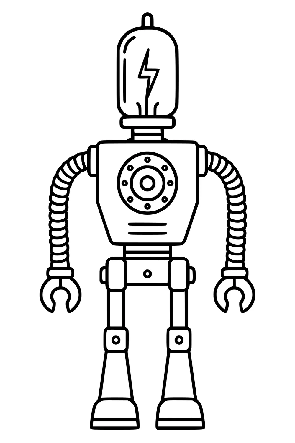 Retro robot with bulb head and lightning bolt, round chest dial, spring arms with claws, boots and bold outline.