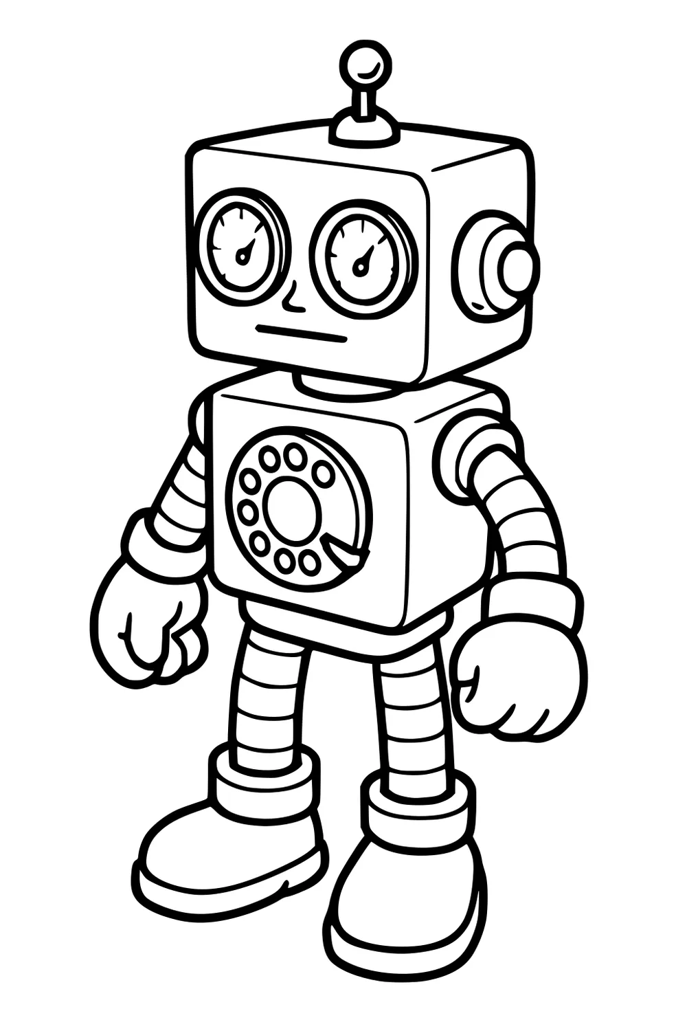 Retro cartoon robot with gauge eyes, antenna, rotary dial chest, striped limbs, big gloves and boots, line art.