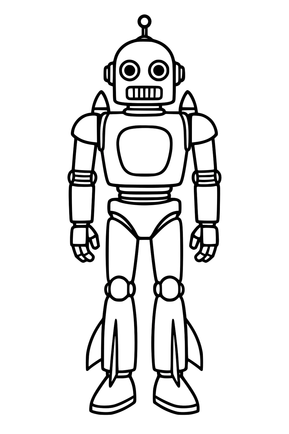 Retro robot with antenna, round eyes, grille mouth, chest panel, jointed limbs, rocket fins on legs, standing front view line art.