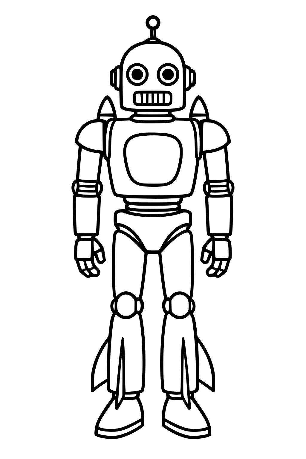 Retro robot with antenna, round eyes, grille mouth, chest panel, jointed limbs, rocket fins on legs, standing front view line art.