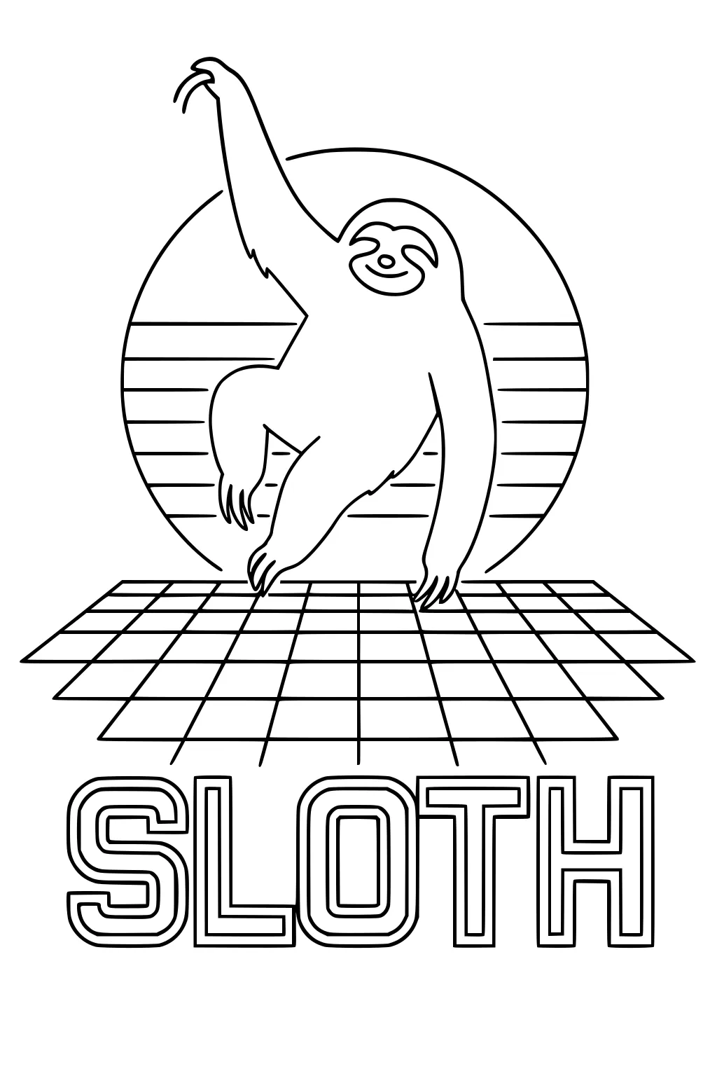 A sloth hangs with one arm raised above a striped circle and stands on a grid with the word SLOTH underneath.