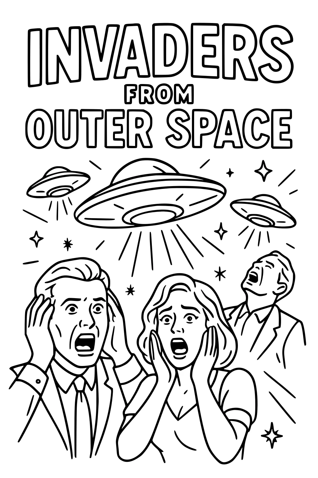 Retro scene with INVADERS FROM OUTER SPACE text, three UFO saucers, stars, man and woman shocked, another man yelling up.