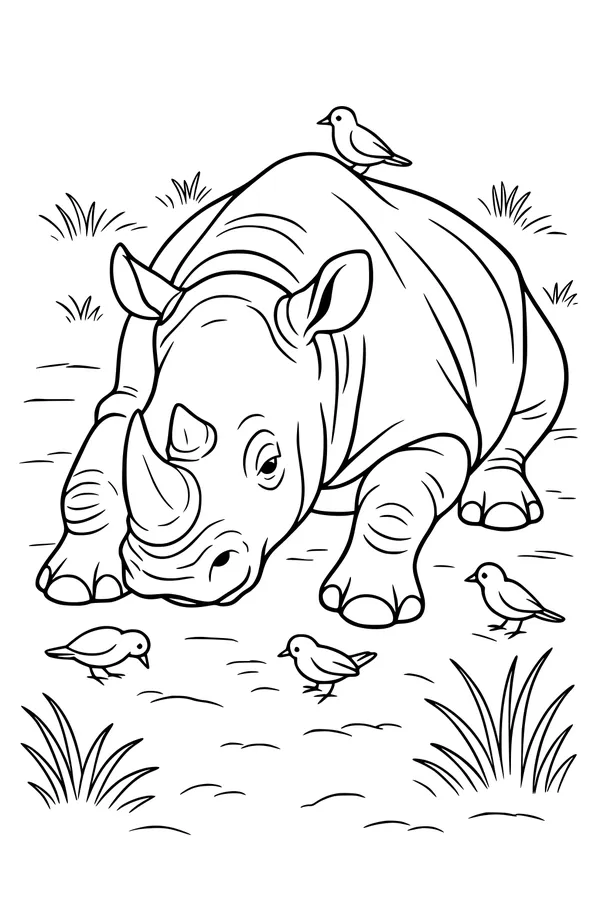 Friendly Rhino and Feathered Pals Resting