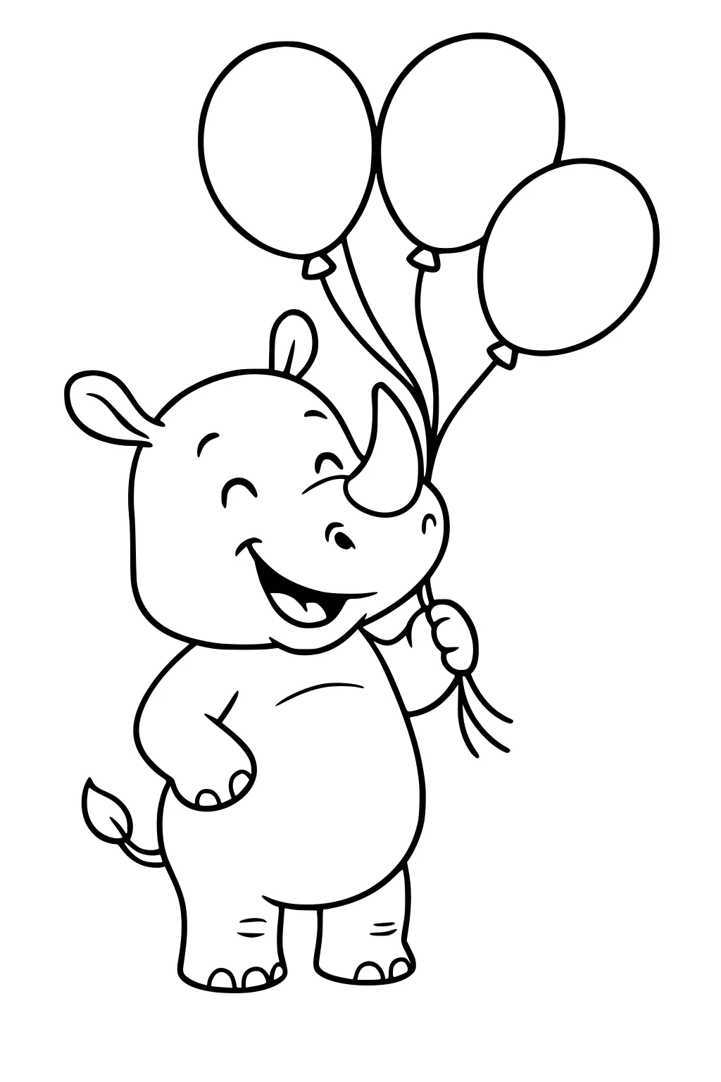 Cartoon rhinoceros smiling and holding three balloons, standing upright with one hand on its belly.