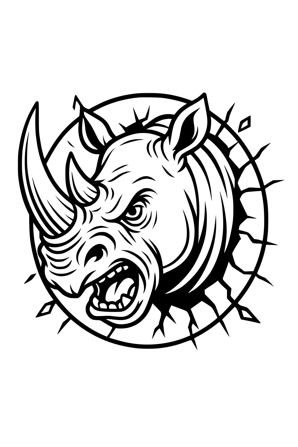 Angry rhinoceros head breaking through stone circle, mouth open, teeth showing, and large front horn.