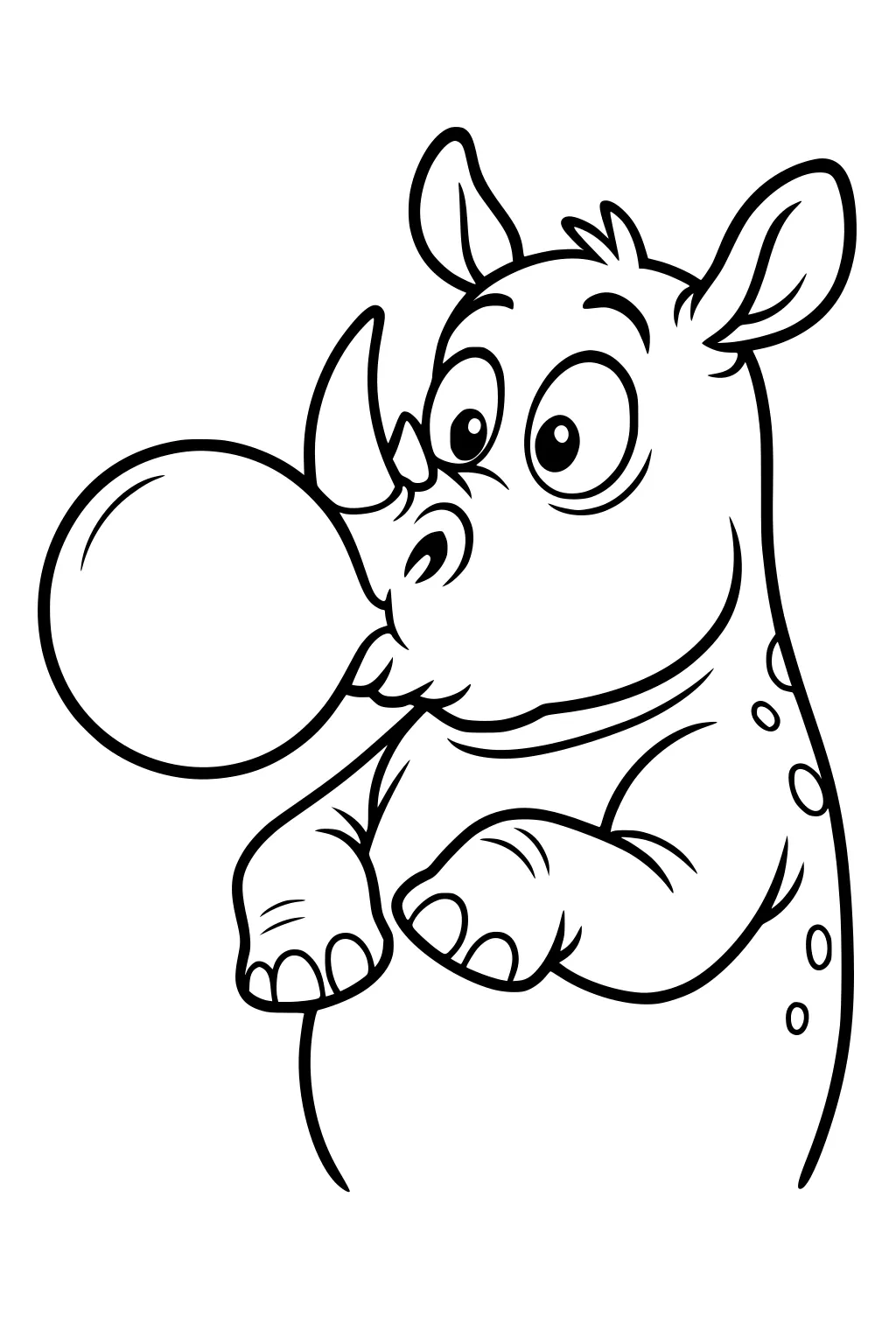 Cartoon rhinoceros with wide eyes blowing huge bubblegum bubble, front legs lifted, ears up, spots on back.