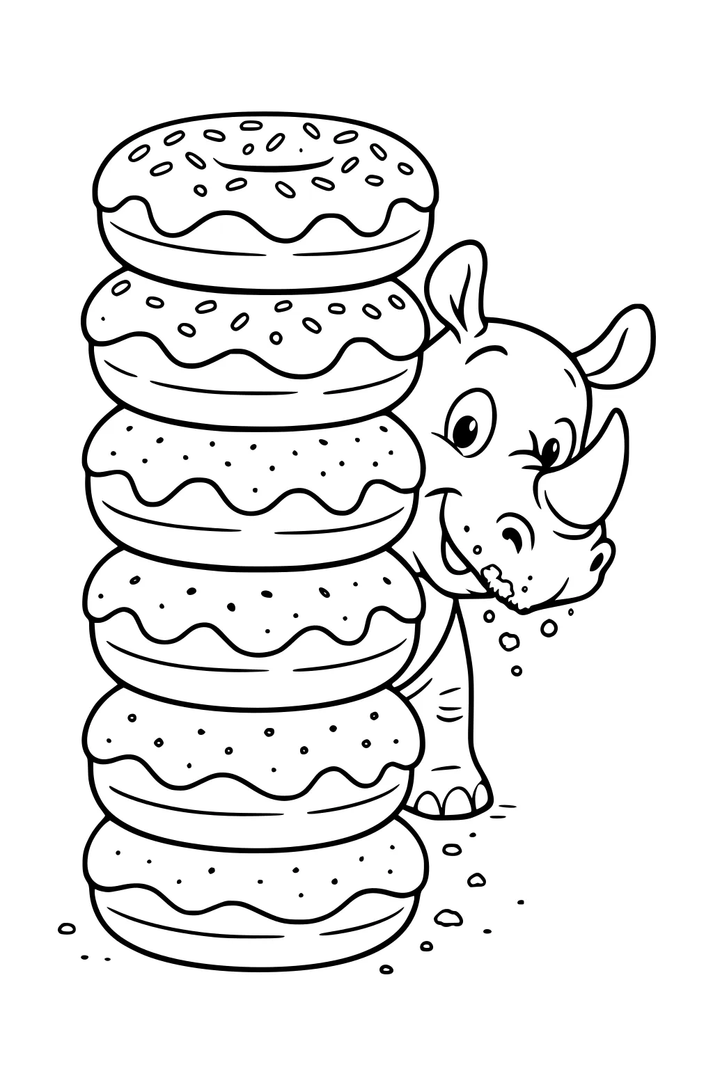 Rhinoceros with happy expression hides behind a tall pile of sprinkled donuts, crumbs near his mouth and feet.