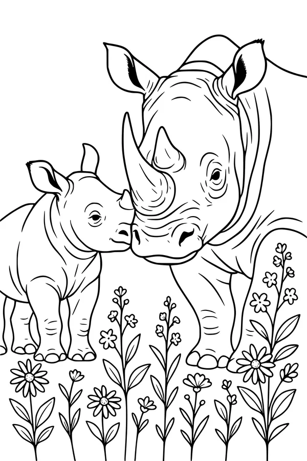 Rhino Family in the Wild Flower Meadow