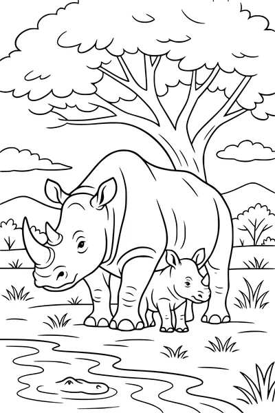 A Rhino Family by the Water's Edge