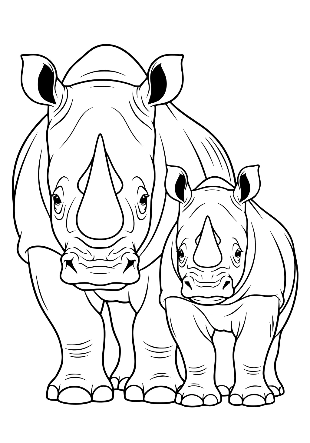 Adult rhinoceros and baby rhinoceros standing close together, looking forward, with detailed outlines.