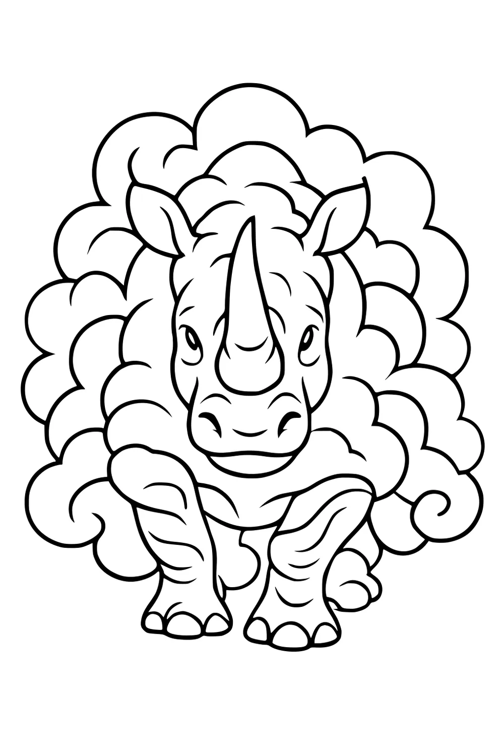 Rhinoceros with big horn standing in front of swirly, puffy clouds. Cartoon drawing with bold outlines.